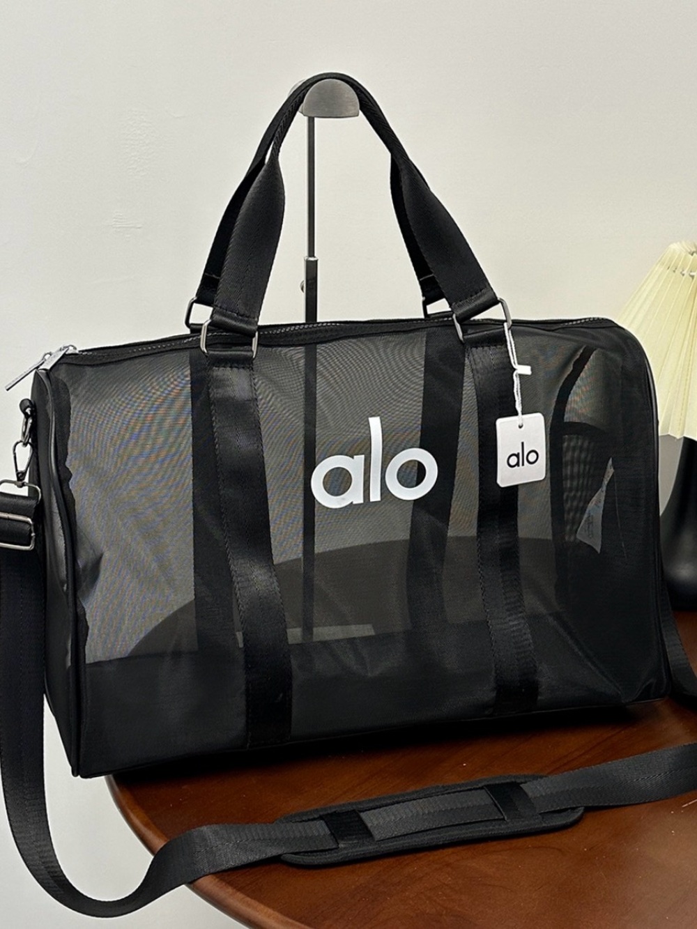 ALO Yoga Black Mesh Duffel with White Logo